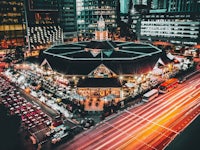 an aerial view of a city at night