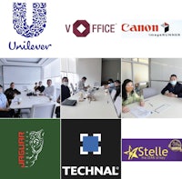 a collage of people sitting around a table