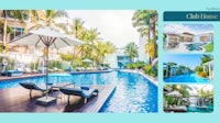 a photo of a swimming pool with lounge chairs and umbrellas