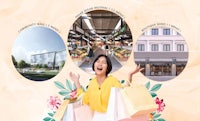 a woman is holding shopping bags in front of a shopping mall