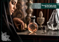 a woman wearing a hijab looking at a bottle of perfume