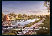 a rendering of a park with a river in the background