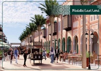 an artist's rendering of a street with palm trees and people