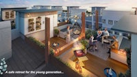 a rendering of a rooftop with people and a fire pit