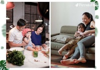 two pictures of a family with a baby on the couch