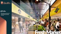 a fresh market in a shopping mall with people walking around