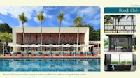 a photo of a beach club with palm trees and a swimming pool