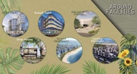 a poster showing different types of buildings around a palm tree