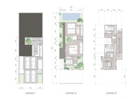 three floor plans for a house with a swimming pool