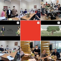a collage of pictures of people sitting at a table