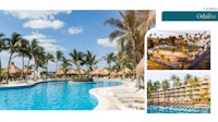 four pictures of a resort with a swimming pool and palm trees