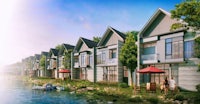 an artist's rendering of a row of houses next to a body of water