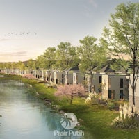 an artist's rendering of a residential area near a river