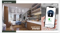 a person holding a smart phone with the words smart home click away