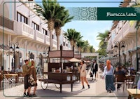 an artist's rendering of a street with palm trees and people