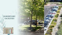 a picture of a parking lot with trees and parked cars