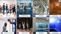 a collage of pictures of people doing yoga in a gym