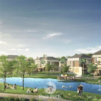 an artist's rendering of a residential area with a pond