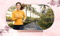 a woman is jogging in front of flowers