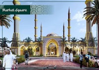 a rendering of a mosque with people walking in front of it