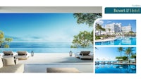 a collage of pictures of a beach and a swimming pool