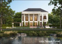 a 3d rendering of a house with swans in the water