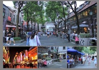 a collage of pictures of people walking down a street in shanghai