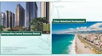 a brochure with pictures of a beach and a building