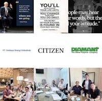 a collage of pictures of people sitting around a table