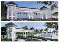 two pictures of the entrance to a resort