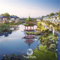 an artist's rendering of a pond with a pagoda in the background