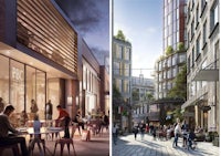 two renderings of a city street with people sitting at tables