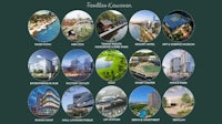 a poster showing different types of buildings and landscapes