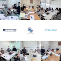 a collage of pictures of people in a meeting room