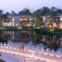 an artist's rendering of a mansion with a pond in the background